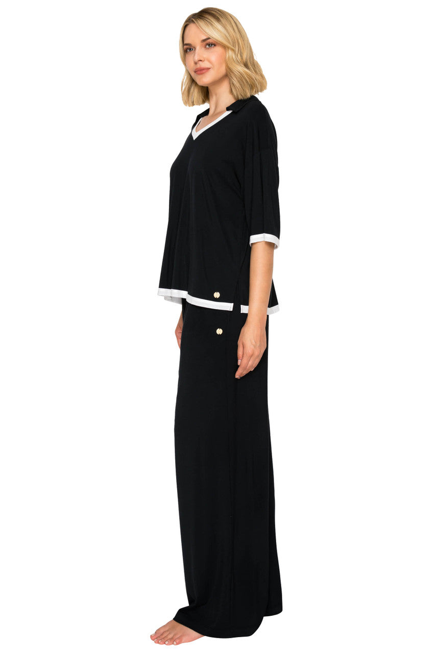 Jet Black | Yummy Modal Blend Short Sleeve & Wide Leg Pant Set Side