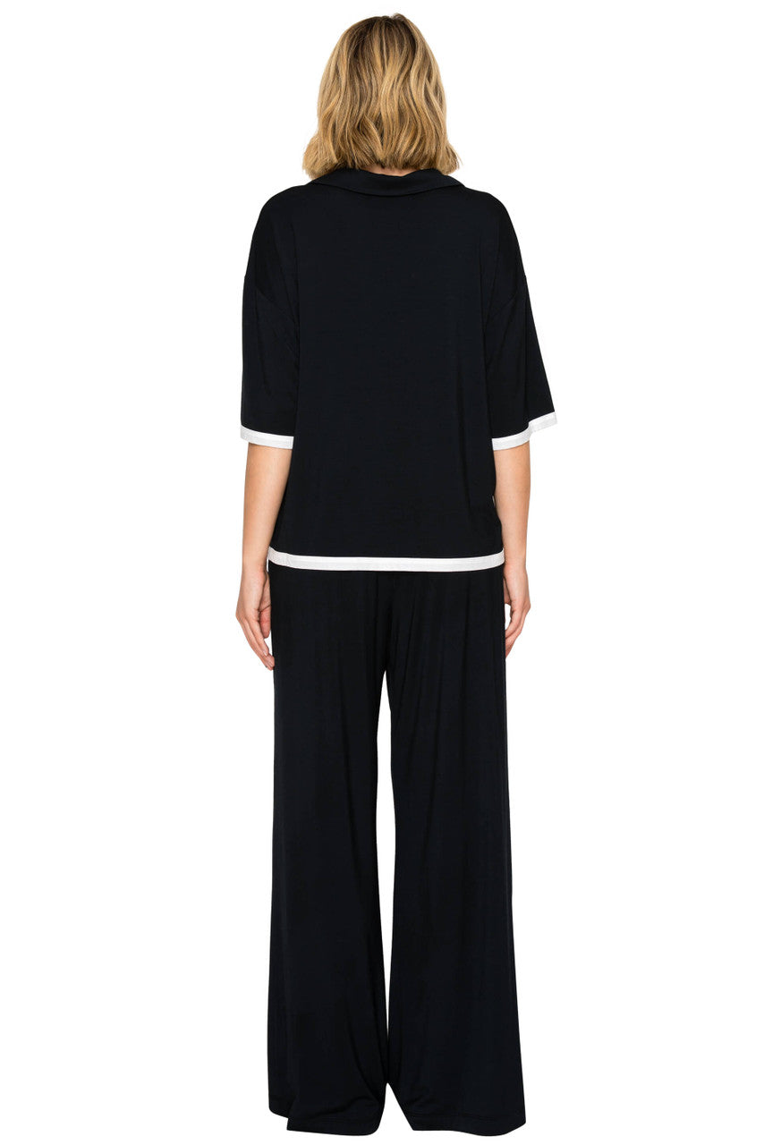 Jet Black | Yummy Modal Blend Short Sleeve & Wide Leg Pant Set Back