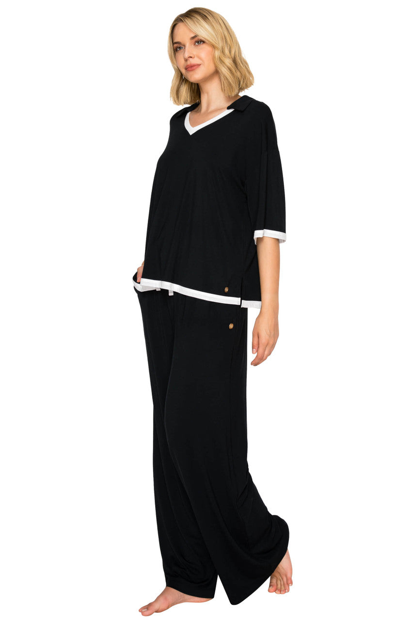 Jet Black | Yummy Modal Blend Short Sleeve & Wide Leg Pant Set Alt Angle