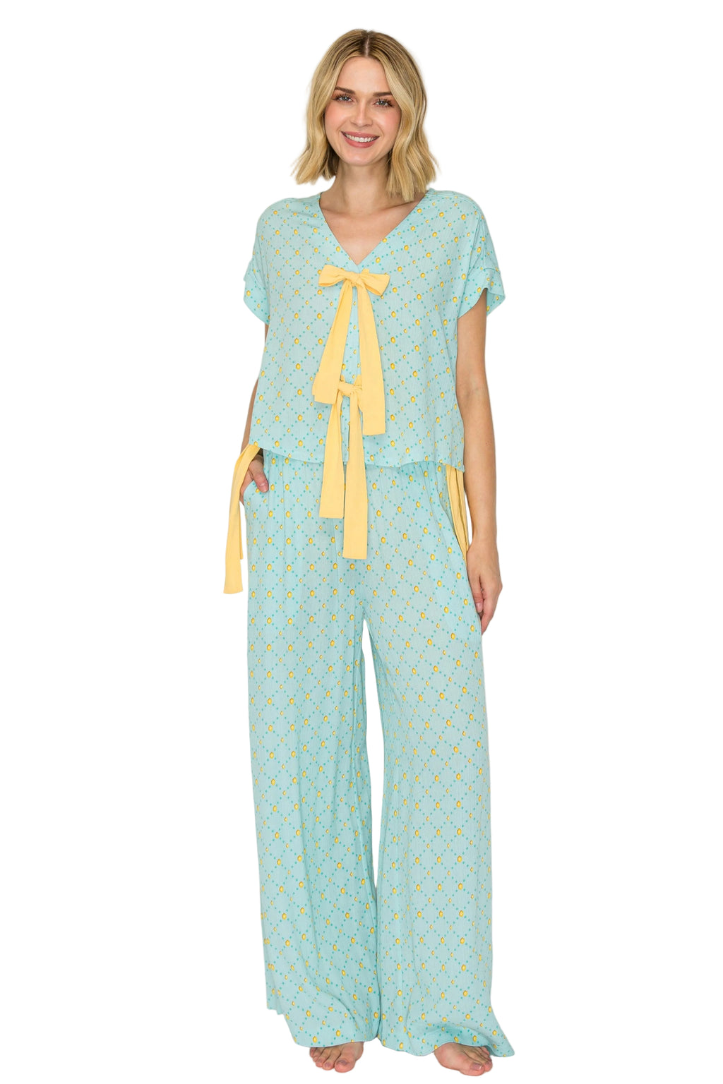 Blue Frost Dot | Luxe Crinkle Jersey Wide Leg Pajama Set Front