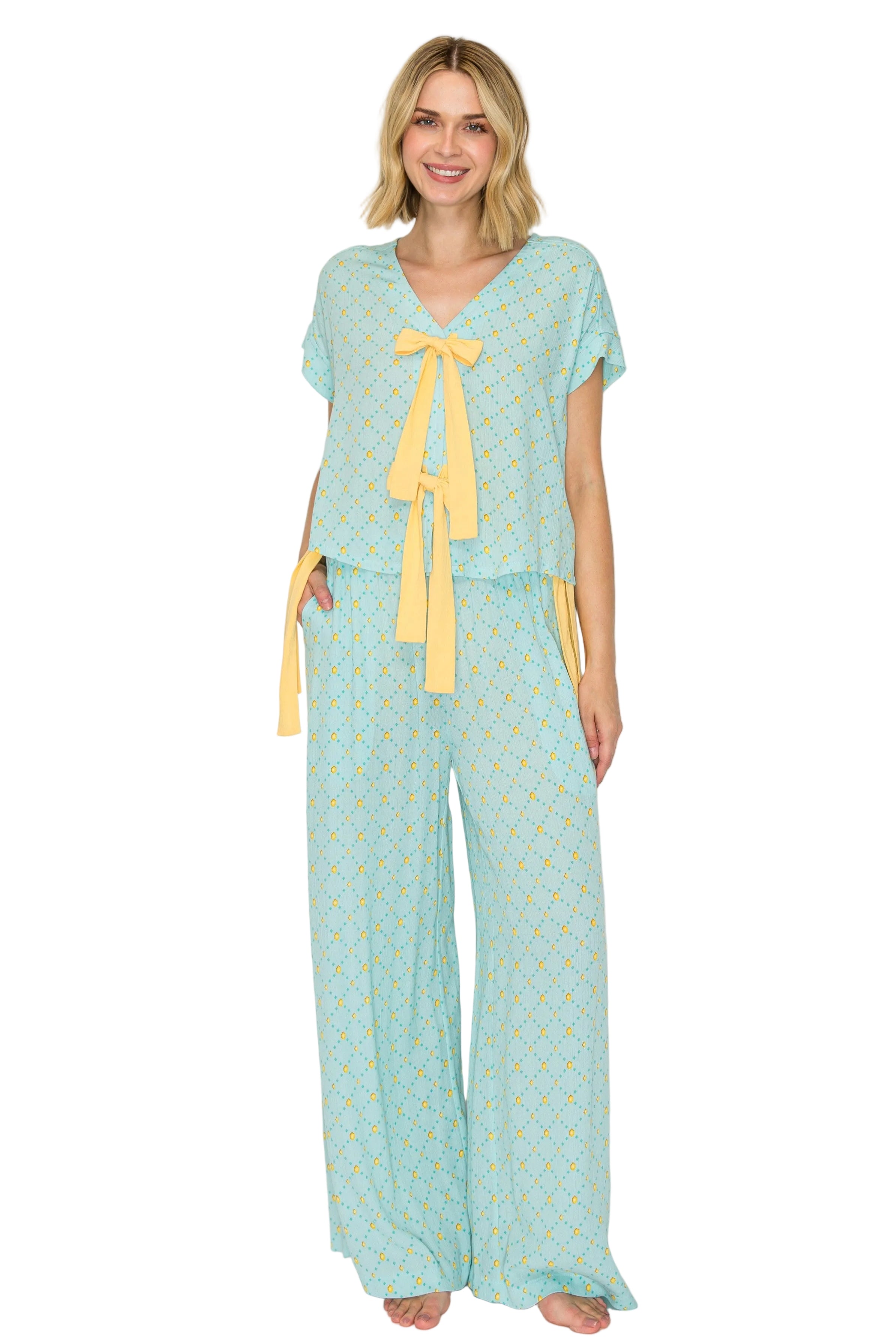 Blue Frost Dot | Luxe Crinkle Jersey Wide Leg Pajama Set Front
