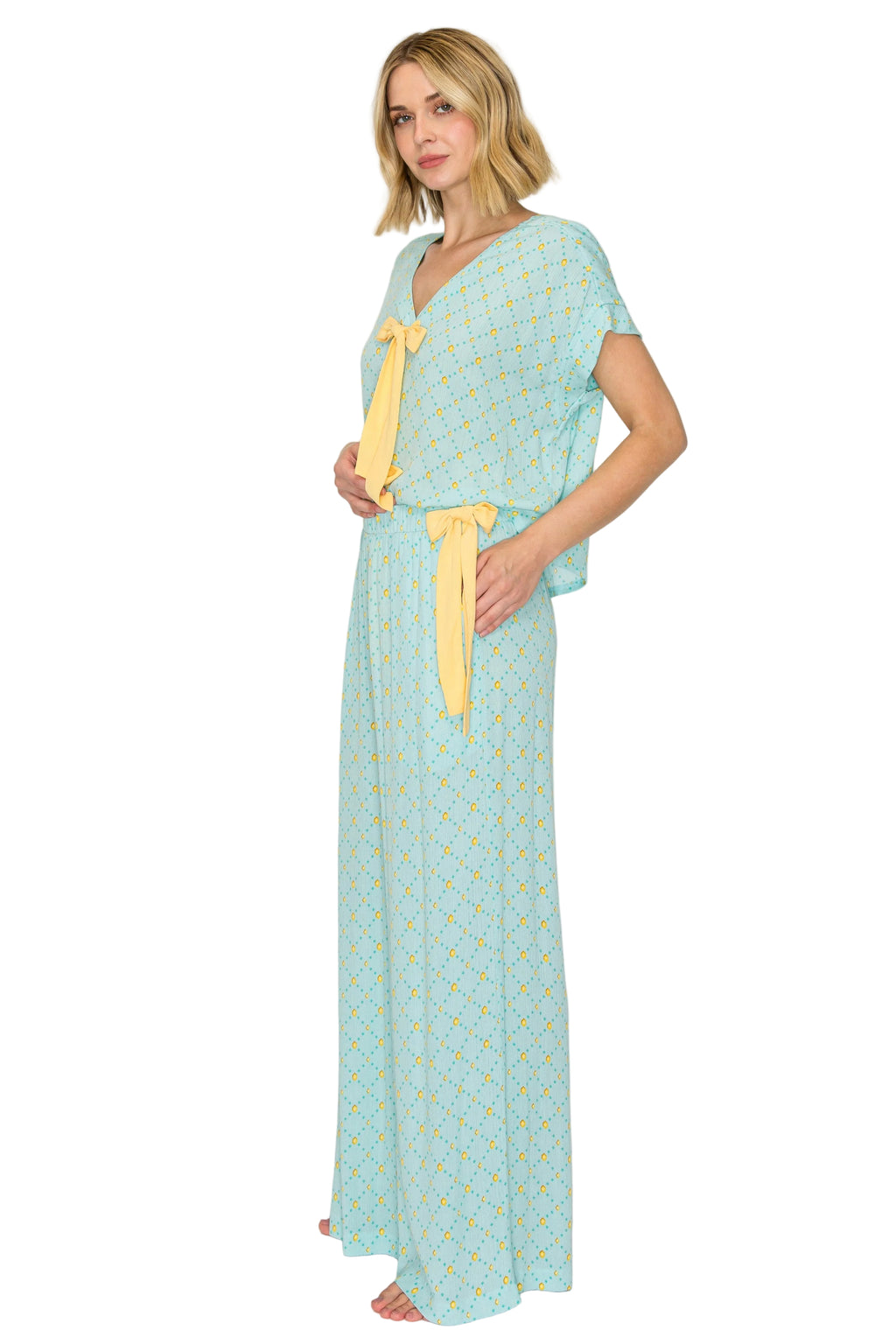 Blue Frost Dot | Luxe Crinkle Jersey Wide Leg Pajama Set Side
