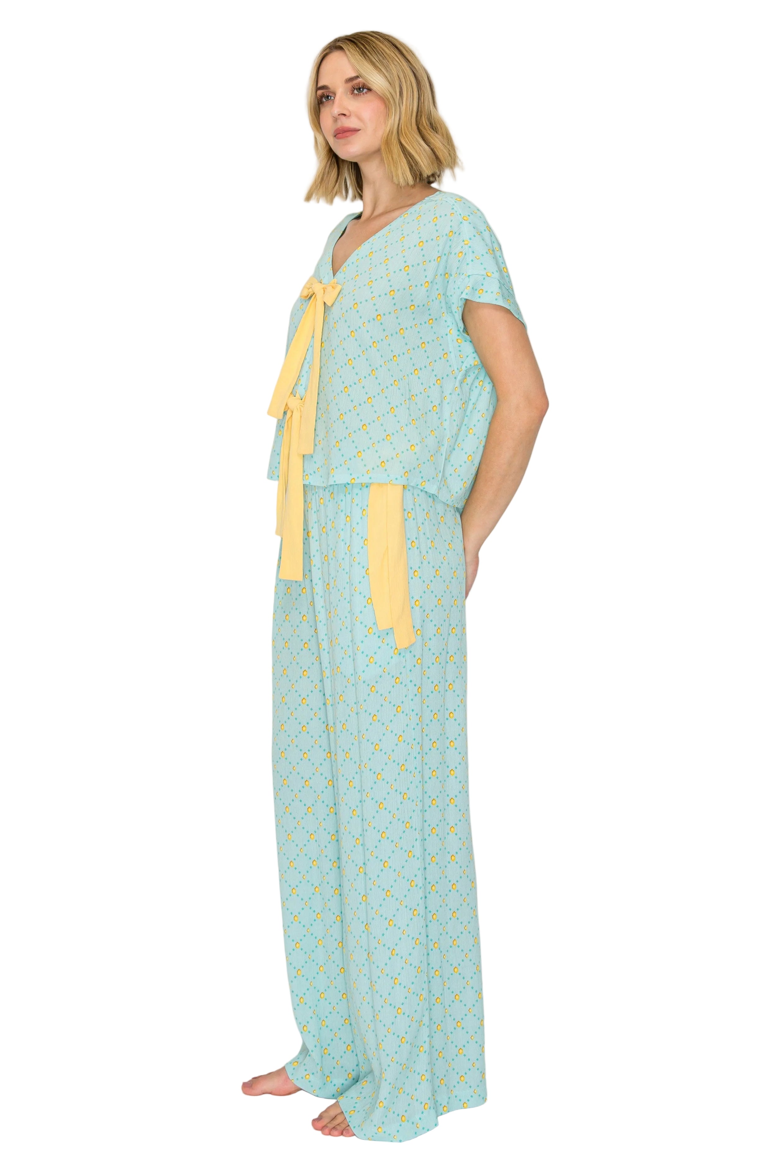 Blue Frost Dot | Luxe Crinkle Jersey Wide Leg Pajama Set Alt Angle