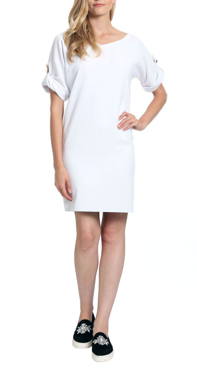 White | Turnlock Sleeve Sack Day Dress