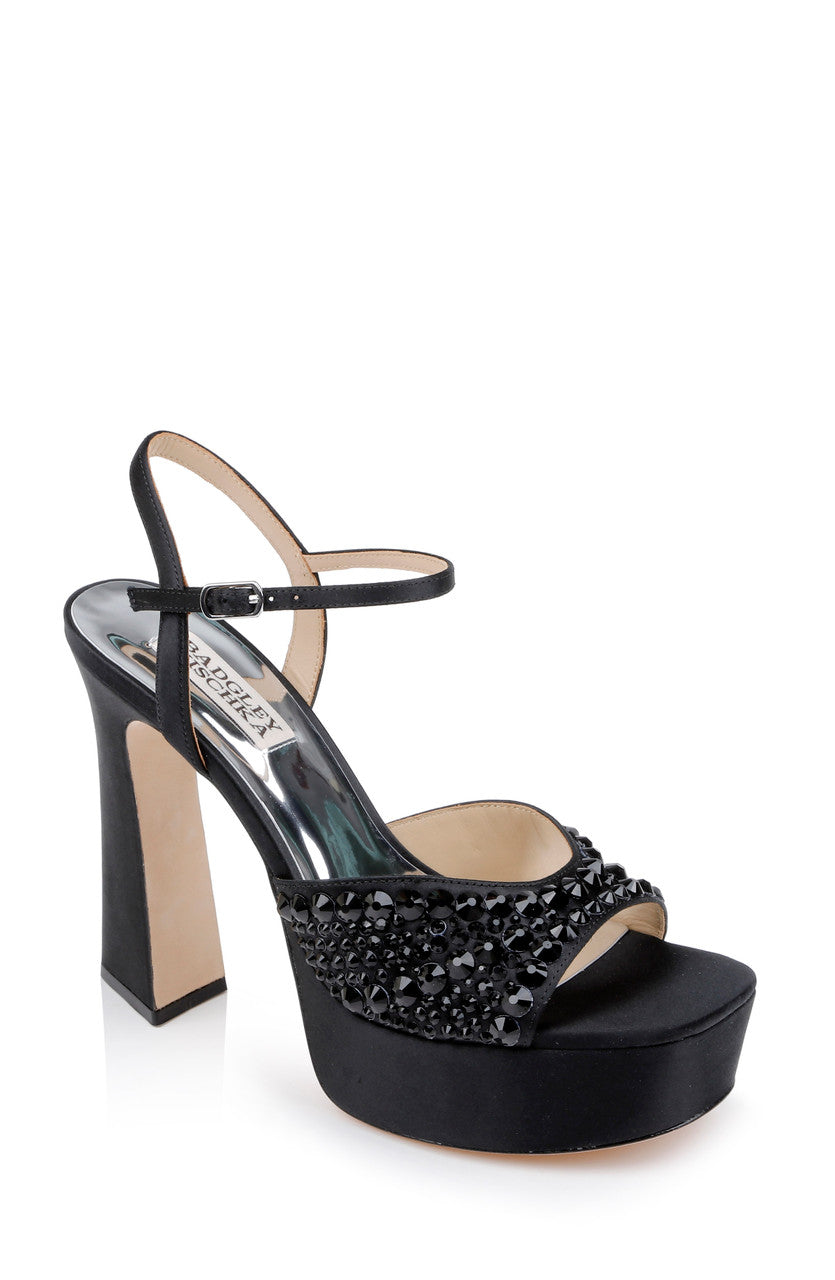 Black | Bryleigh Satin Platform Block Heels with Bejeweled Vamp