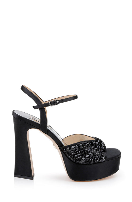 Black | Bryleigh Satin Platform Block Heels with Bejeweled Vamp