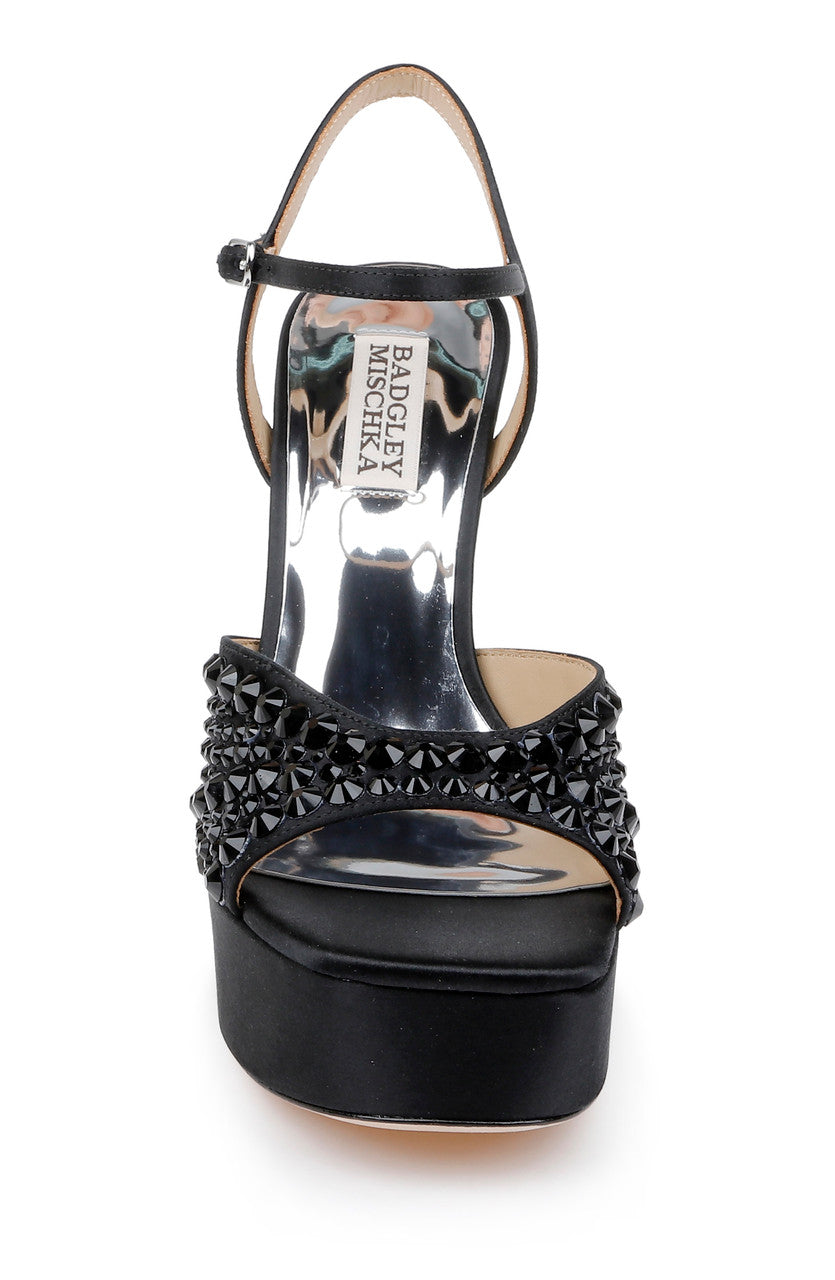 Black | Bryleigh Satin Platform Block Heels with Bejeweled Vamp