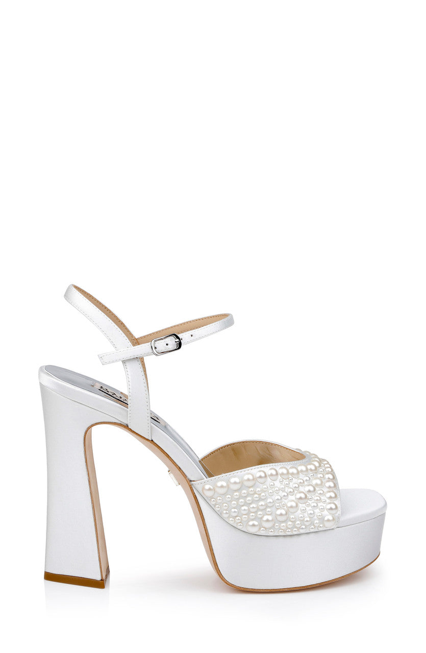 White | Bryleigh Satin Platform Block Heels with Bejeweled Vamp