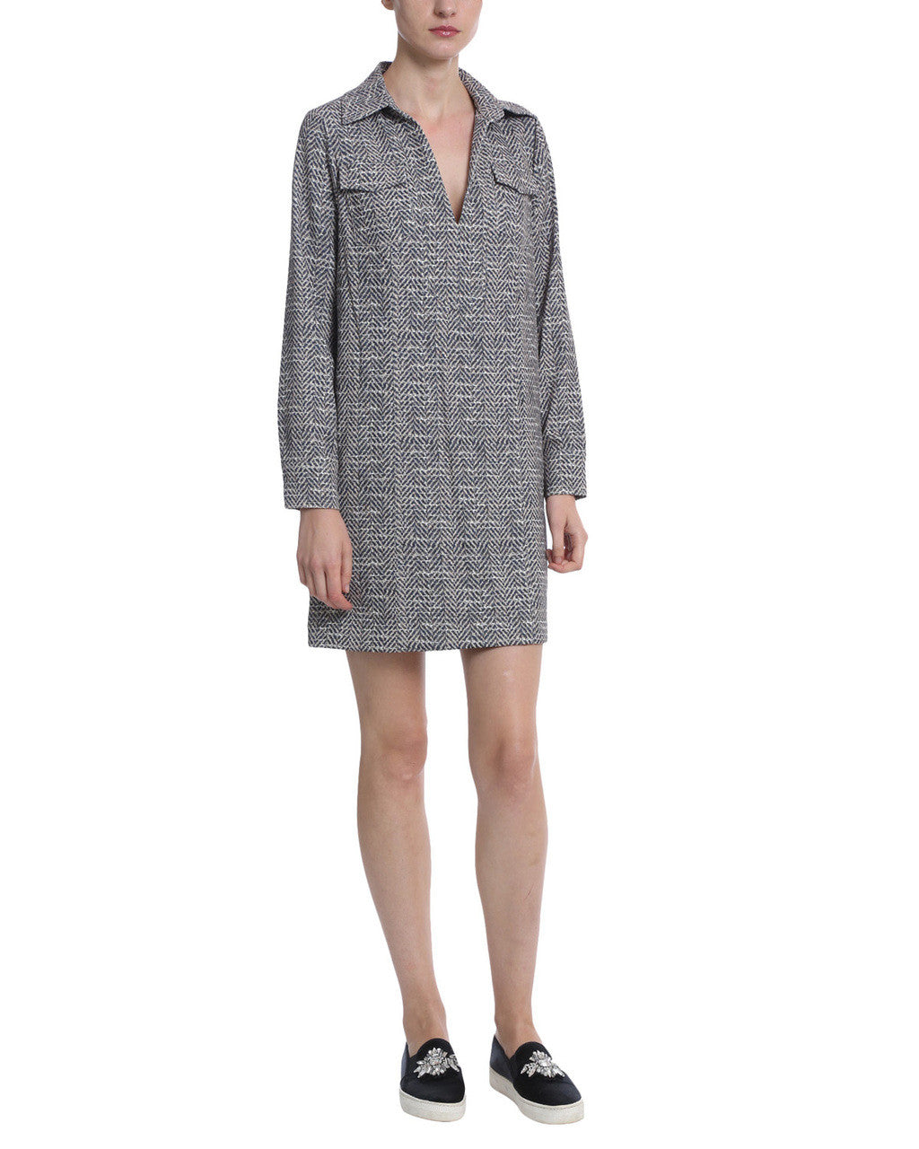 Black Multi | Herringbone Print Long Sleeve Dress
