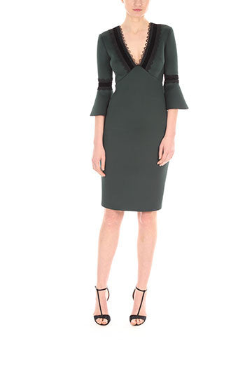 Dark Emerald | Scuba Cocktail Dress With Lace Trim
