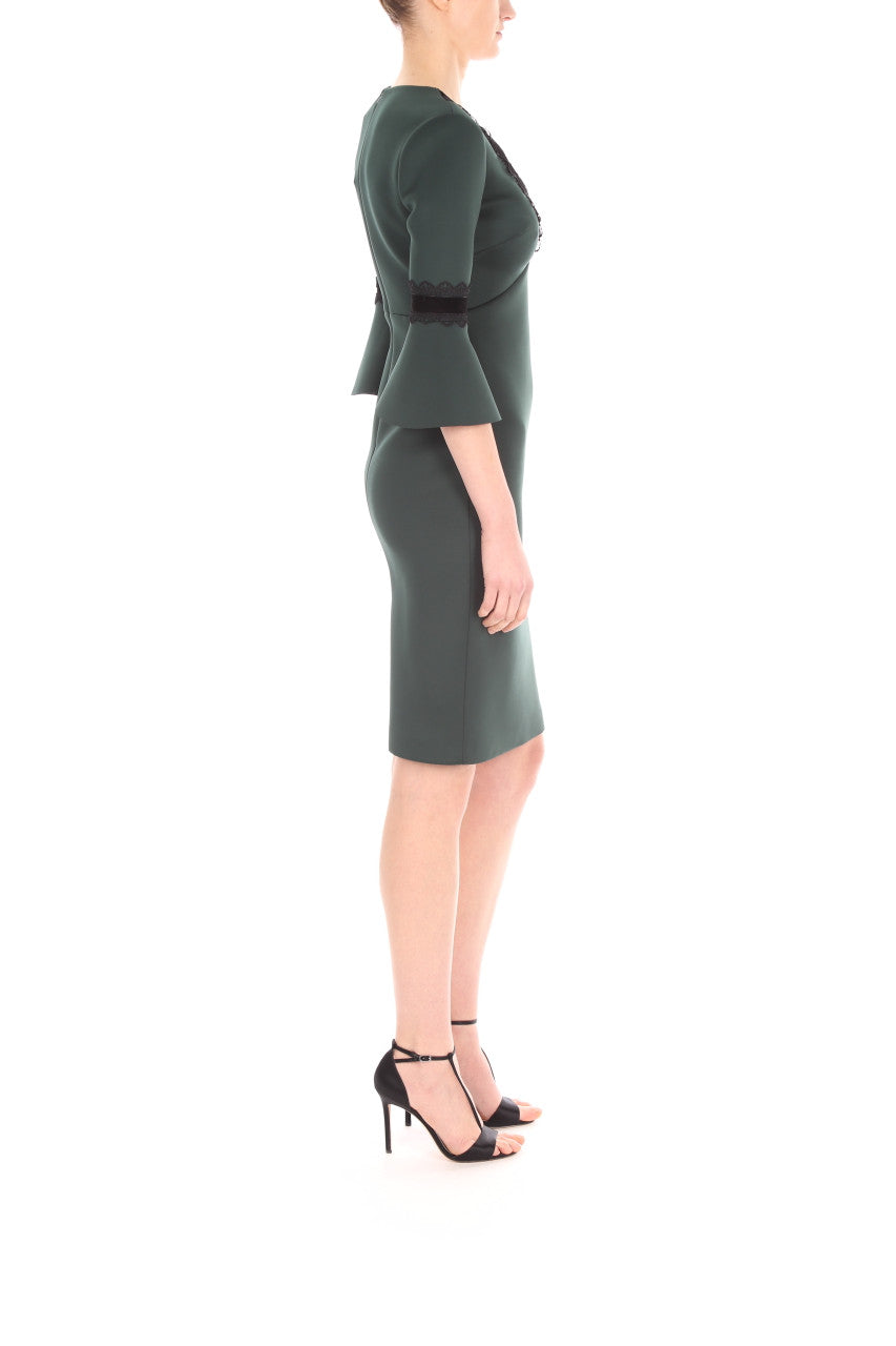 Dark Emerald | Scuba Cocktail Dress With Lace Trim