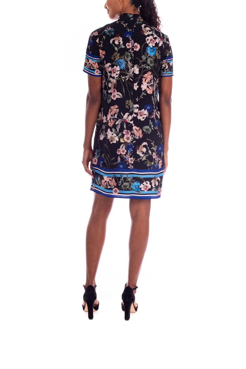 Black Multi | Floral Tie-Neck Dress