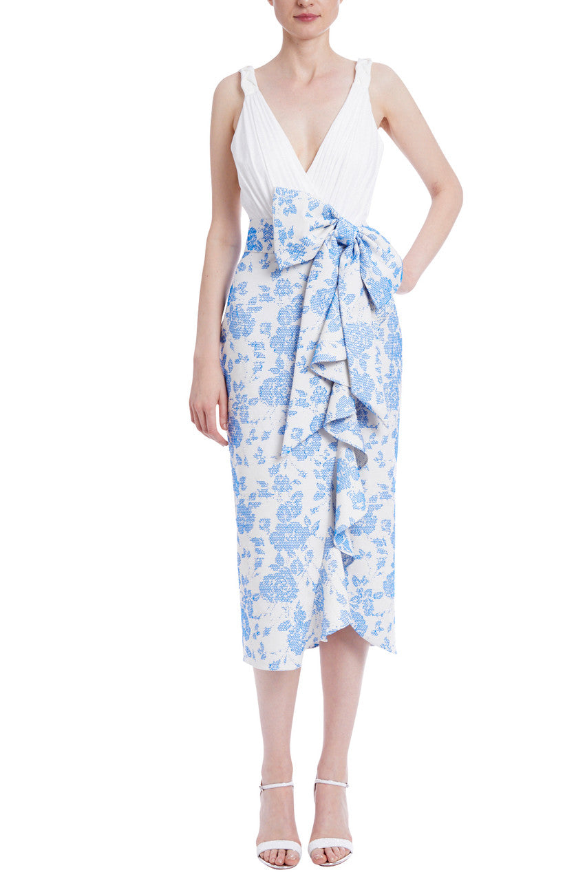 Blue White | Sleeveless Belted Bow and Ruffle Front