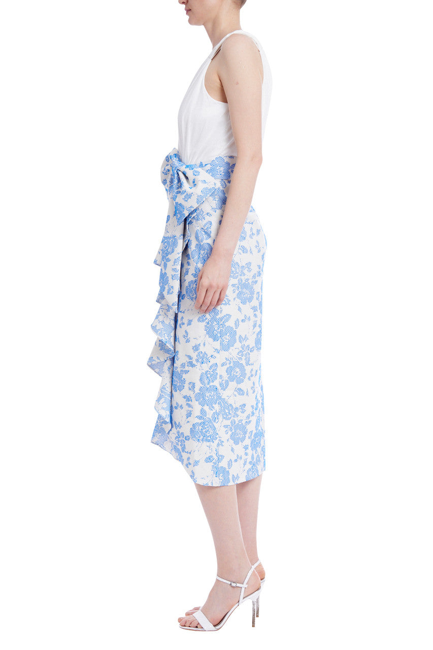 Blue White | Sleeveless Belted Bow and Ruffle Front