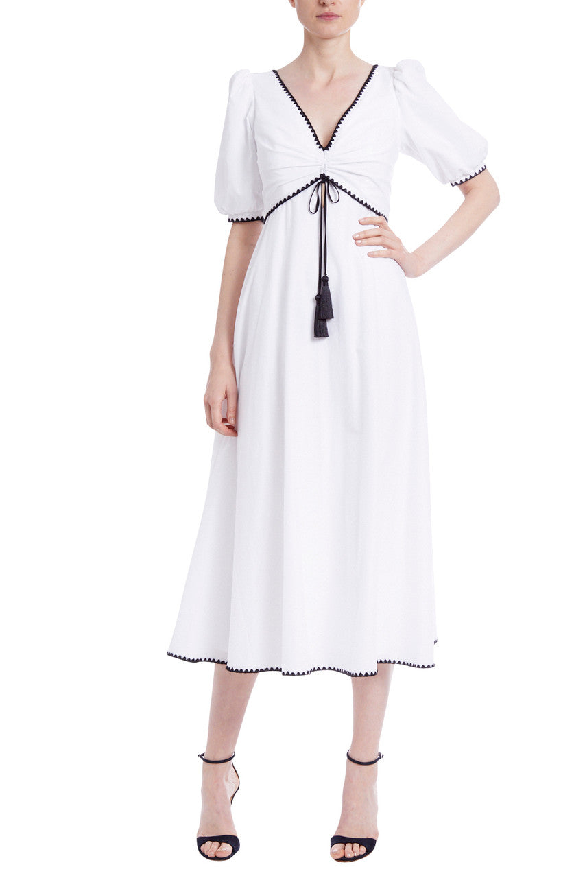 White | Short Sleeve Day Dress with Ruched Bodice