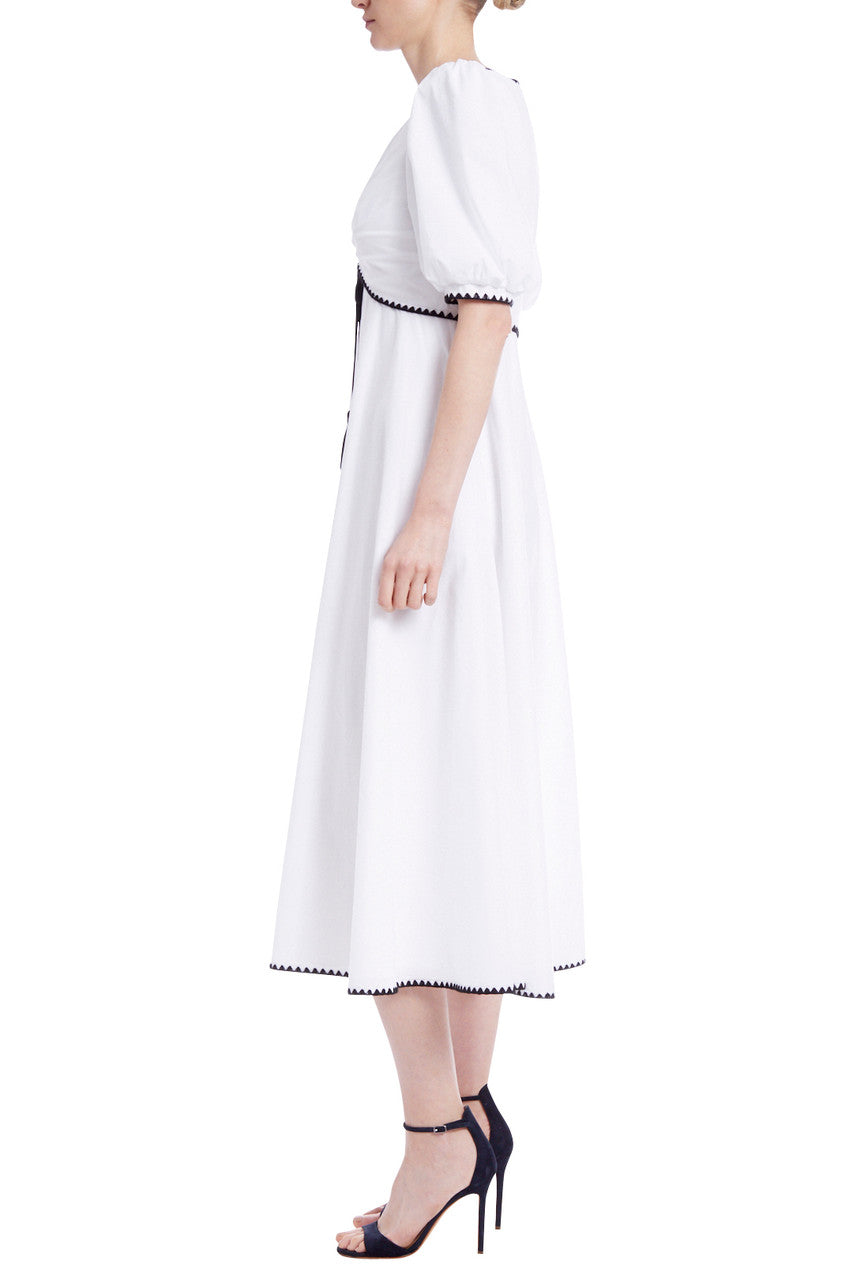 White | Short Sleeve Day Dress with Ruched Bodice