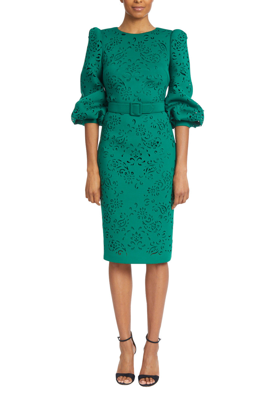 Green | Puff-Shoulder, Laser-Cut Paisley Dress