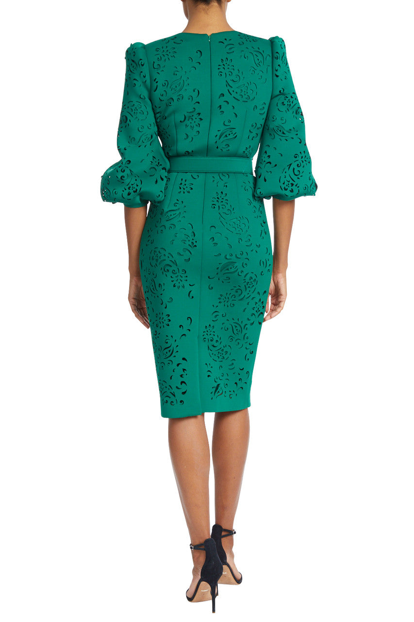 Green | Puff-Shoulder, Laser-Cut Paisley Dress