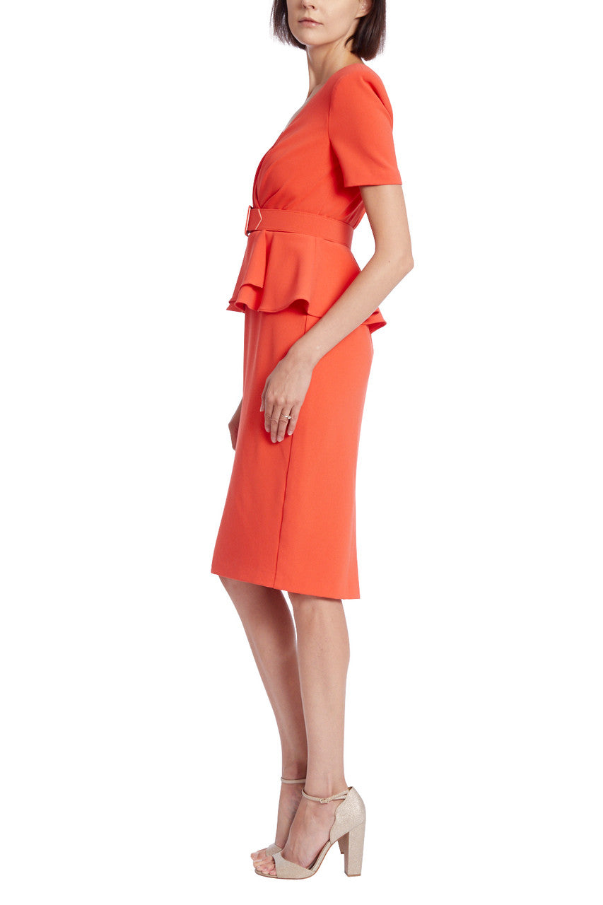 Deep Salmon | Belted Midi Peplum Dress with Pencil Skirt