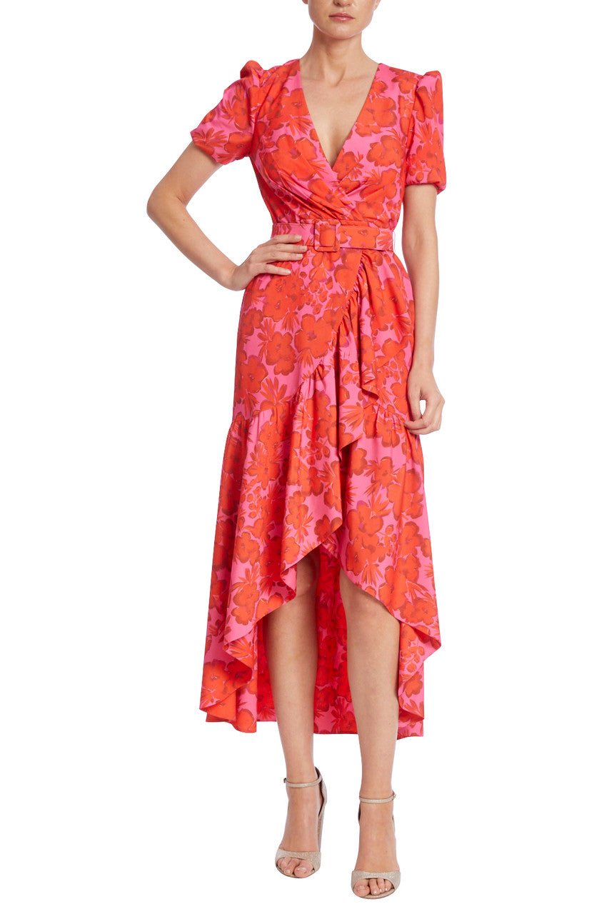 Red Multi | Belted Ruffle Wrap Dress with Floral Print