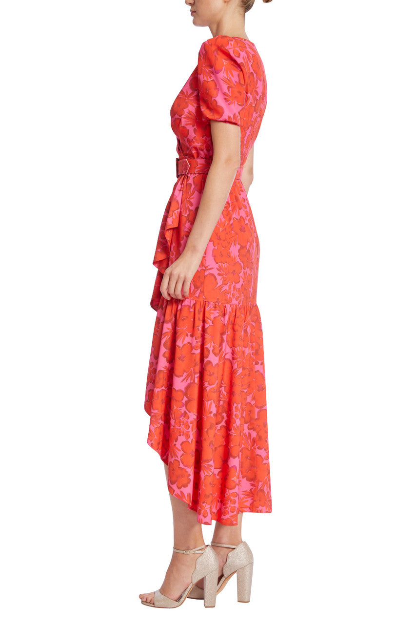 Red Multi | Belted Ruffle Wrap Dress with Floral Print