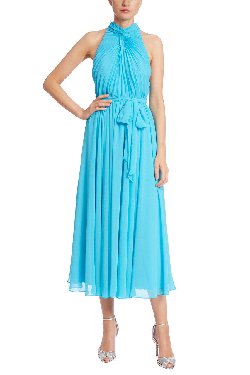 Turquoise | High Neck Pleated Dress with Sash Tie