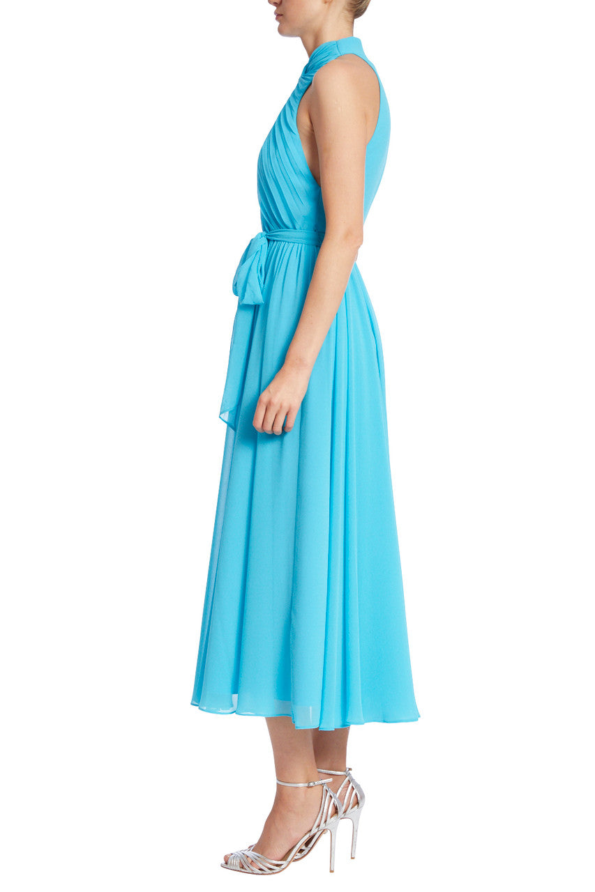 Turquoise | High Neck Pleated Dress with Sash Tie