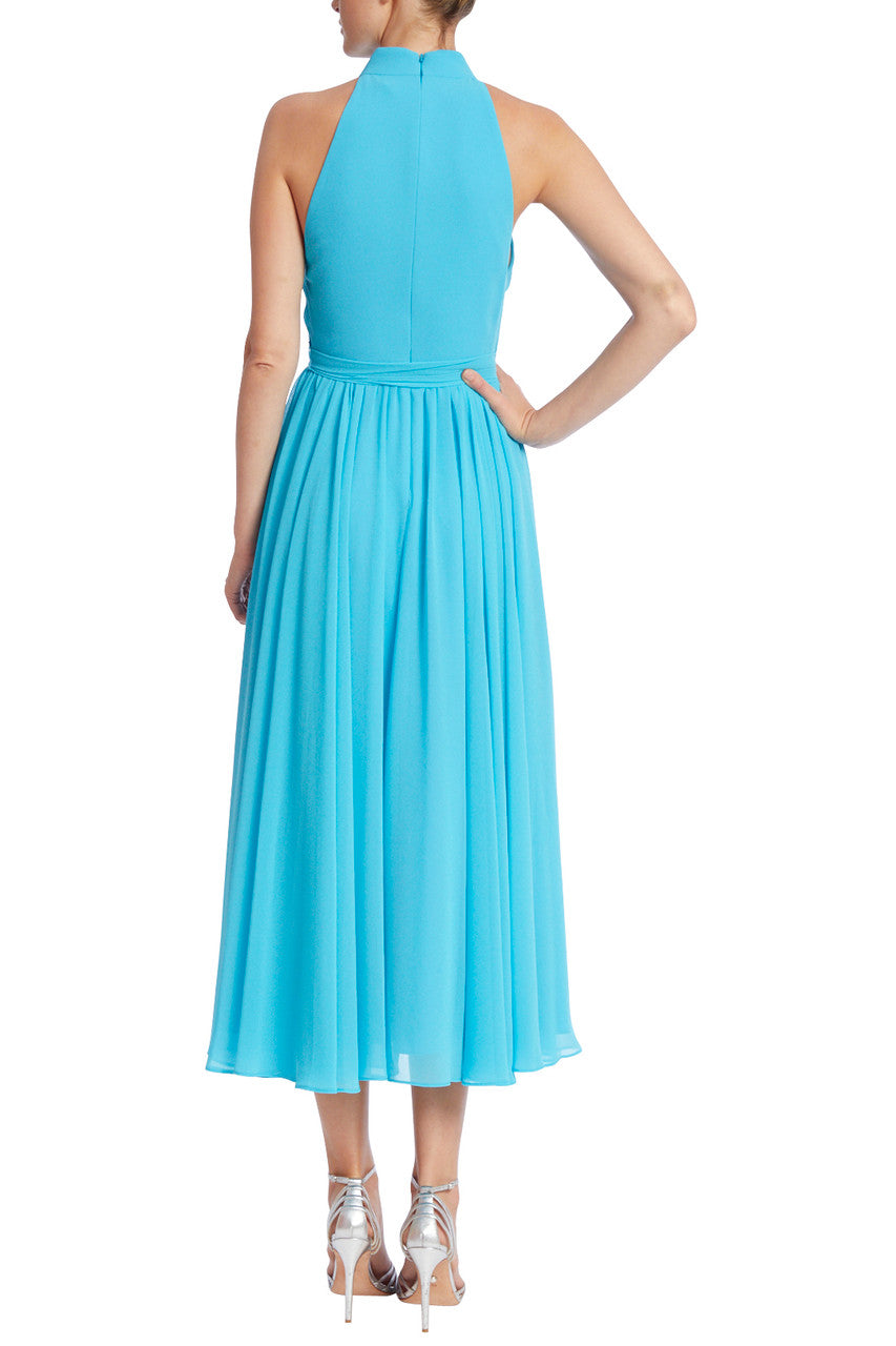 Turquoise | High Neck Pleated Dress with Sash Tie