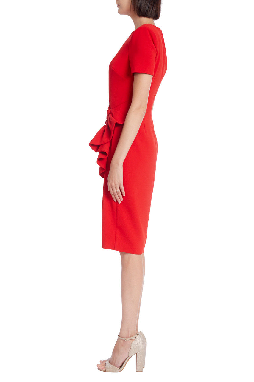 Red | Short Sleeve Sheath with Buttoned Ruche Hip