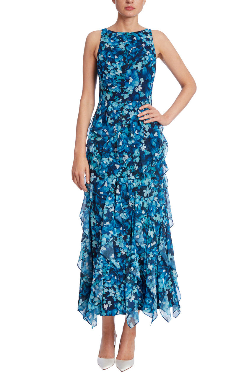 Teal Multi | Cascading Ruffles Dress with Floral Print