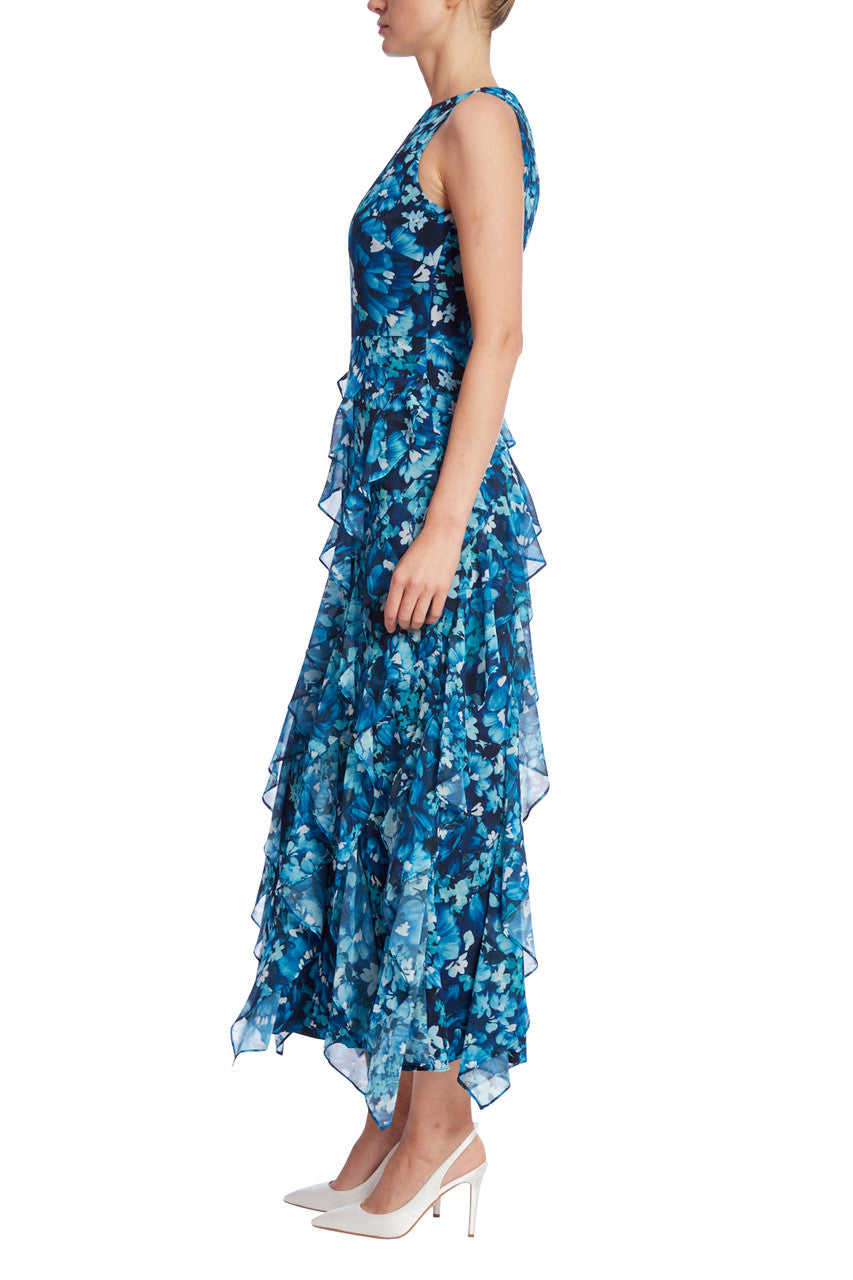 Teal Multi | Cascading Ruffles Dress with Floral Print