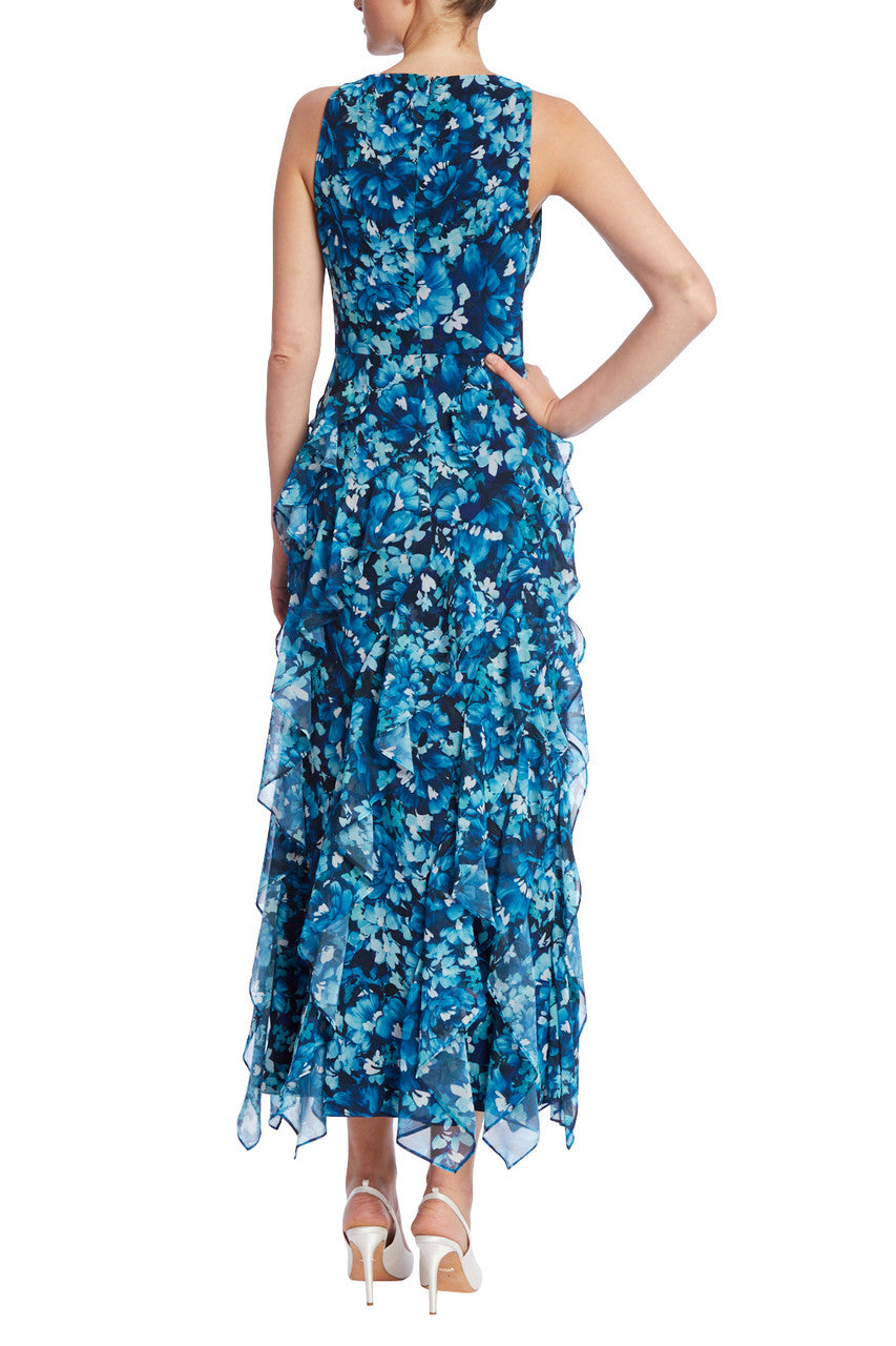 Teal Multi | Cascading Ruffles Dress with Floral Print