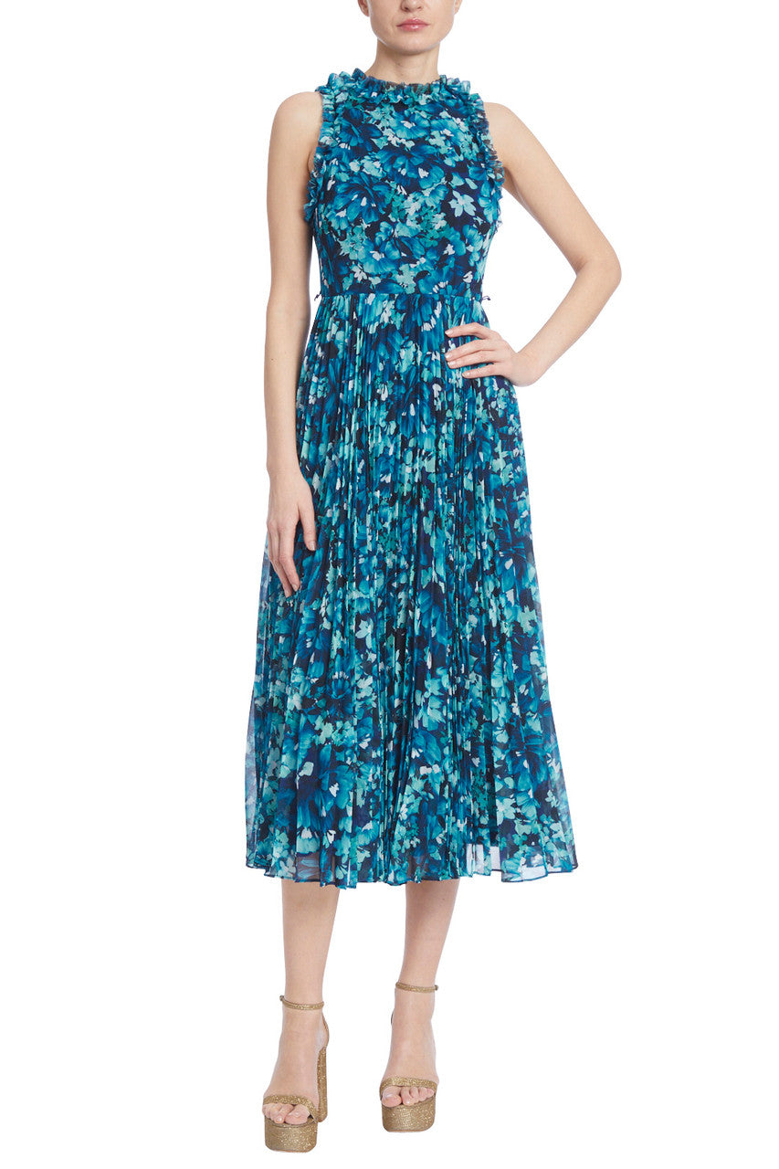 Teal Multi | Floral Print Sleeveless Dress with Pleated Skirt