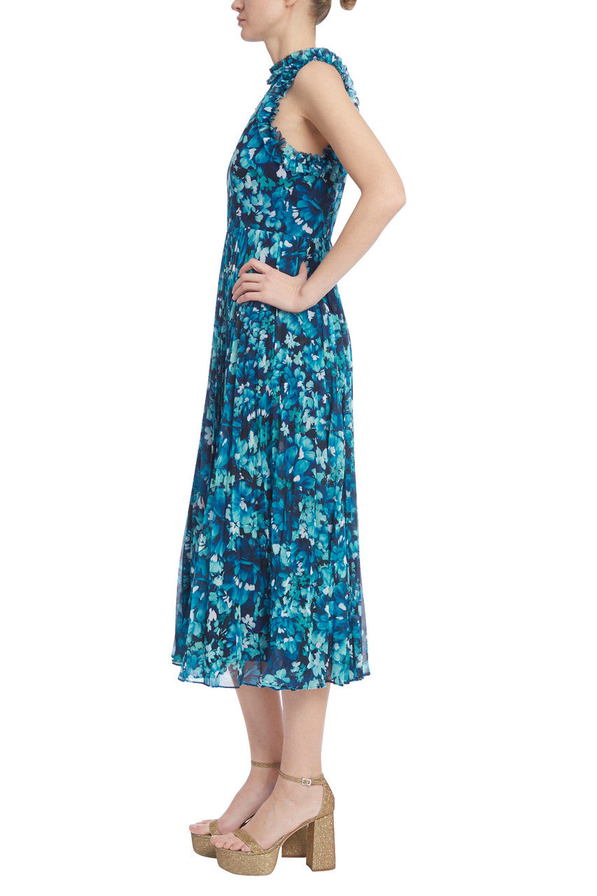 Teal Multi | Floral Print Sleeveless Dress with Pleated Skirt