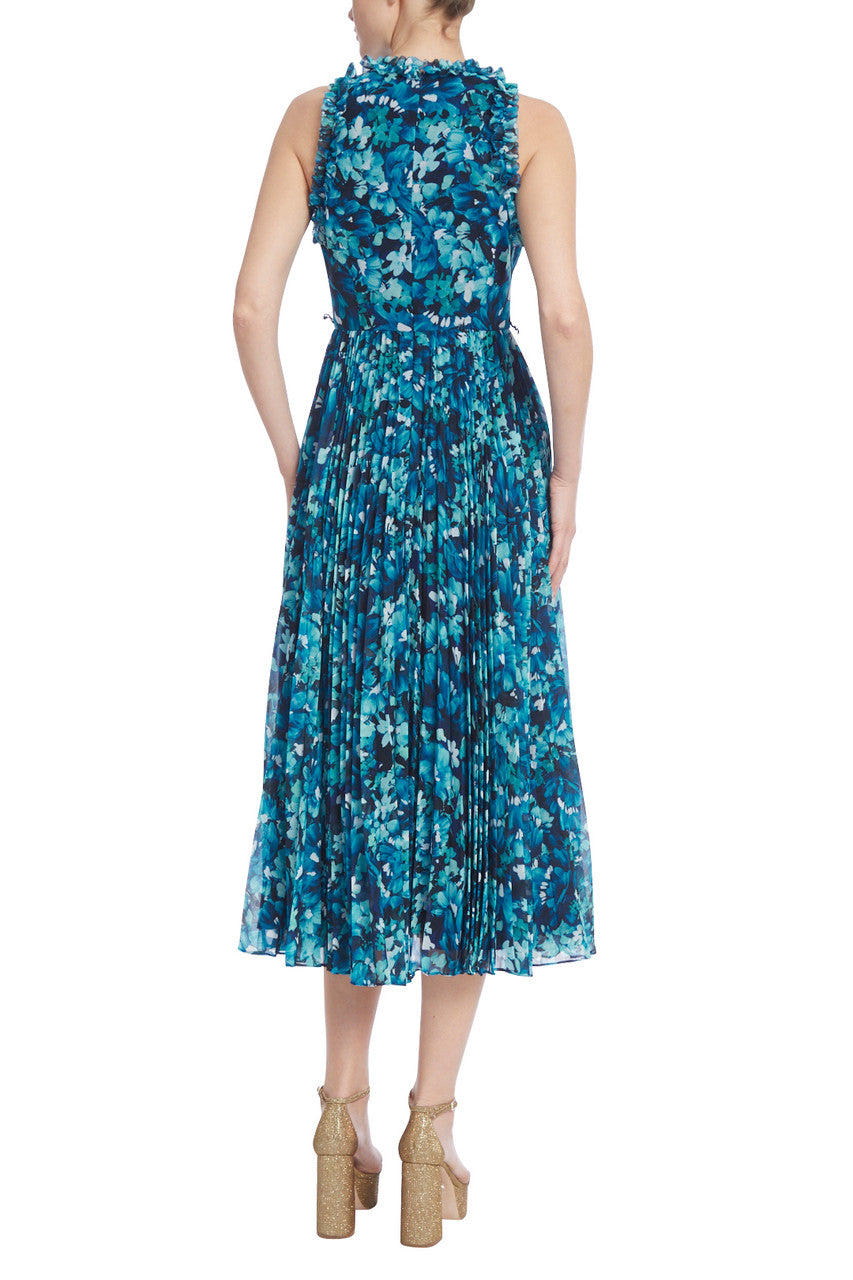 Teal Multi | Floral Print Sleeveless Dress with Pleated Skirt