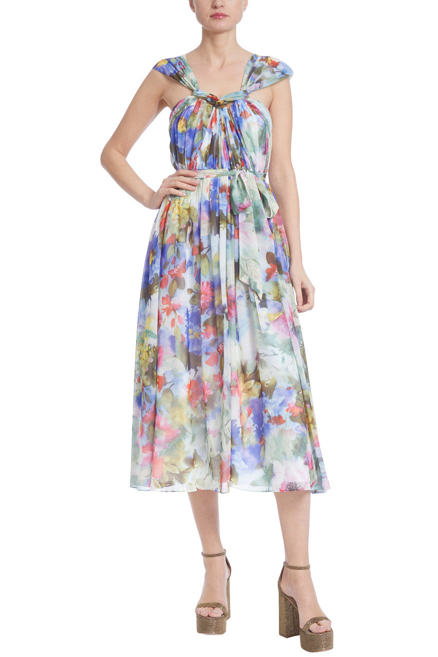 Green Multi | Printed Pleated Dress with Knotted Neckline