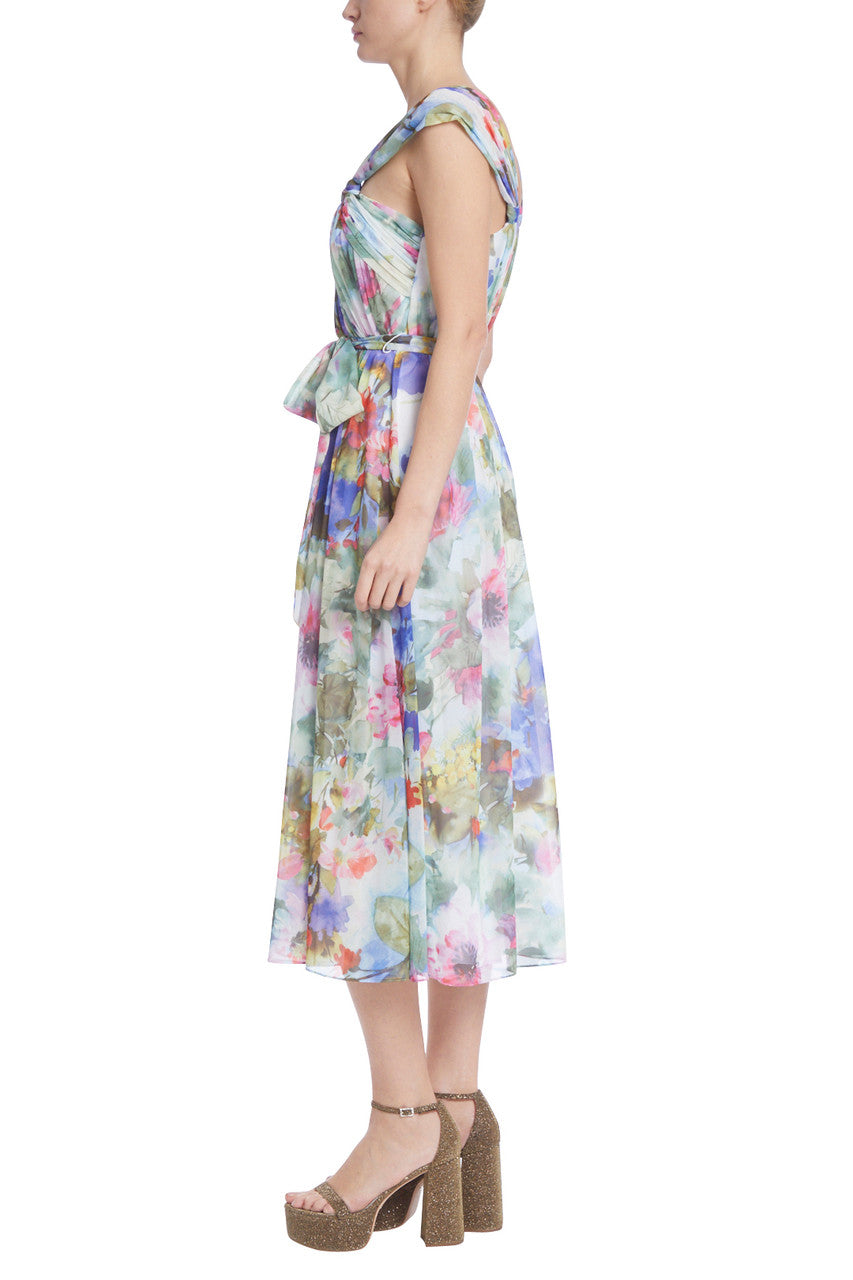 Green Multi | Printed Pleated Dress with Knotted Neckline