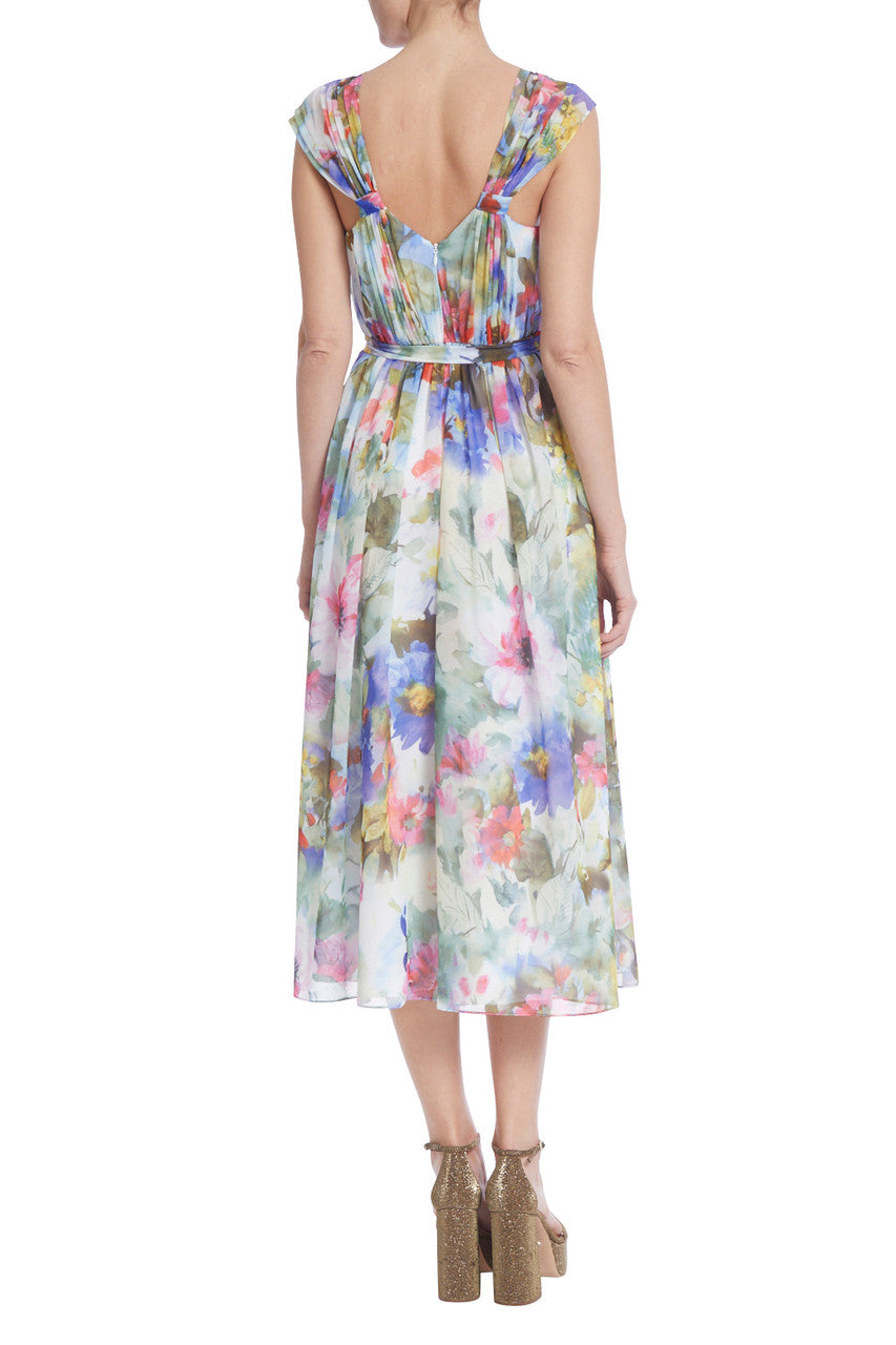 Green Multi | Printed Pleated Dress with Knotted Neckline