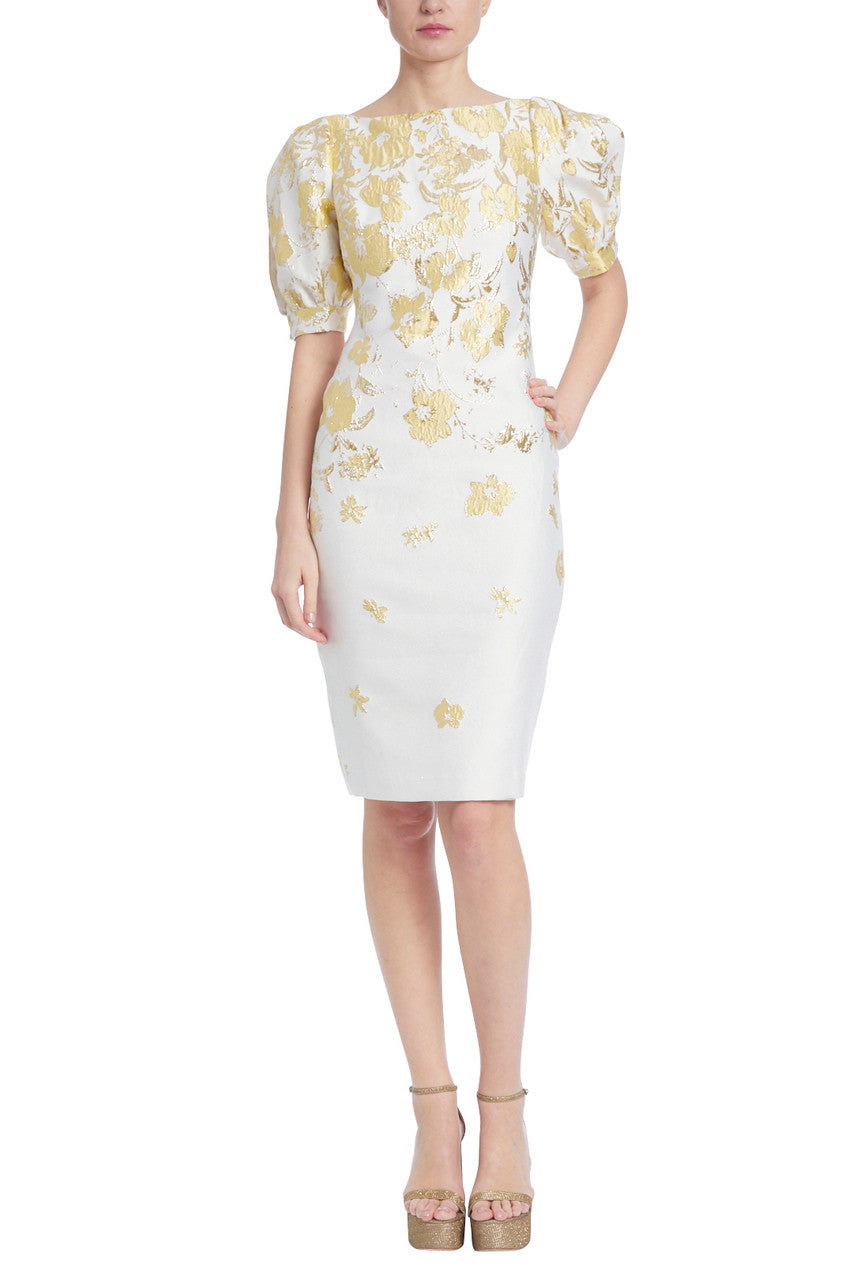 Yellow Multi | Golden Jacquard Sheath with Puff Sleeves