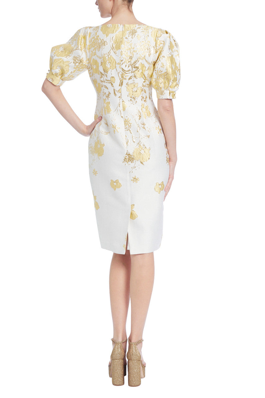 Yellow Multi | Golden Jacquard Sheath with Puff Sleeves