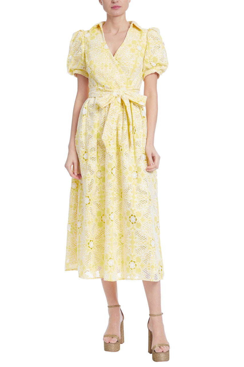 Yellow White | Floral Faux Wrap Lace Dress