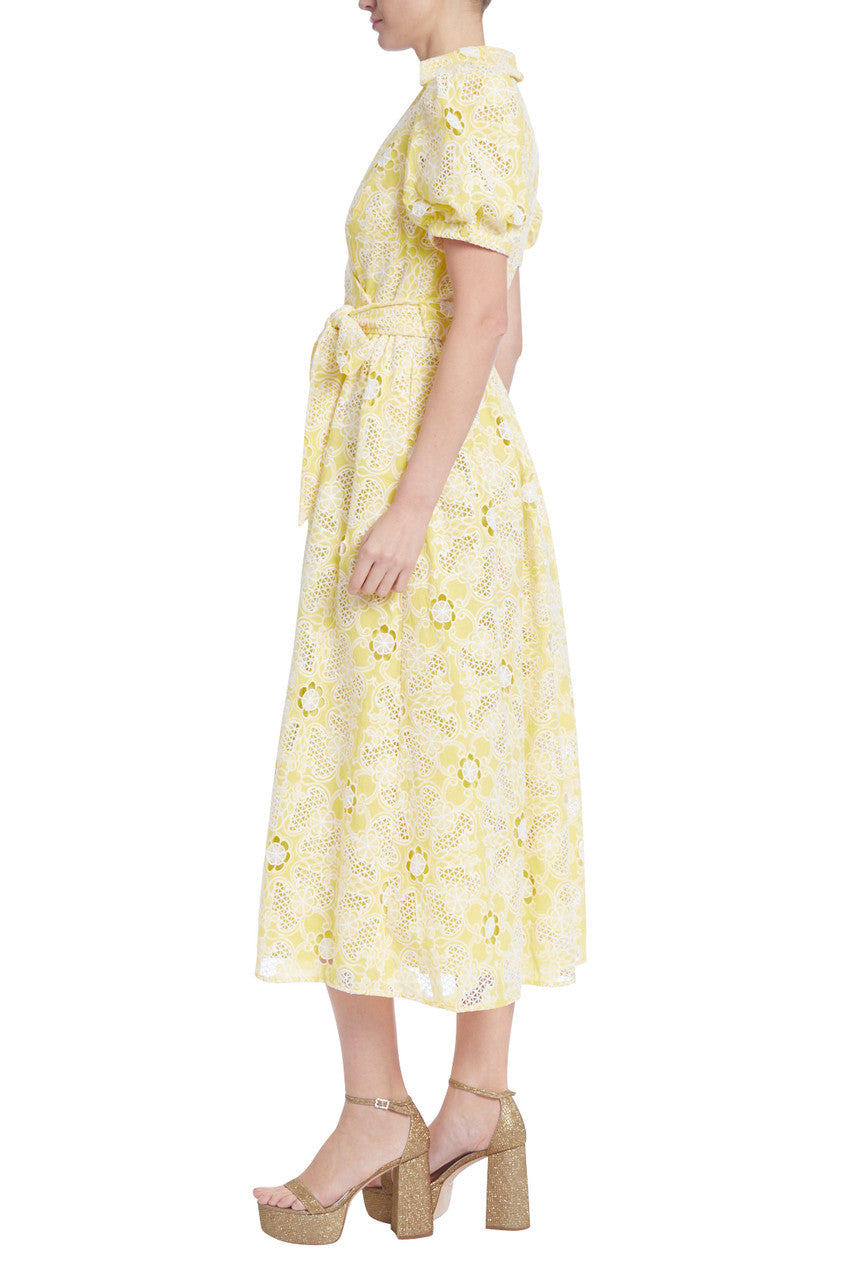 Yellow White | Floral Faux Wrap Lace Dress