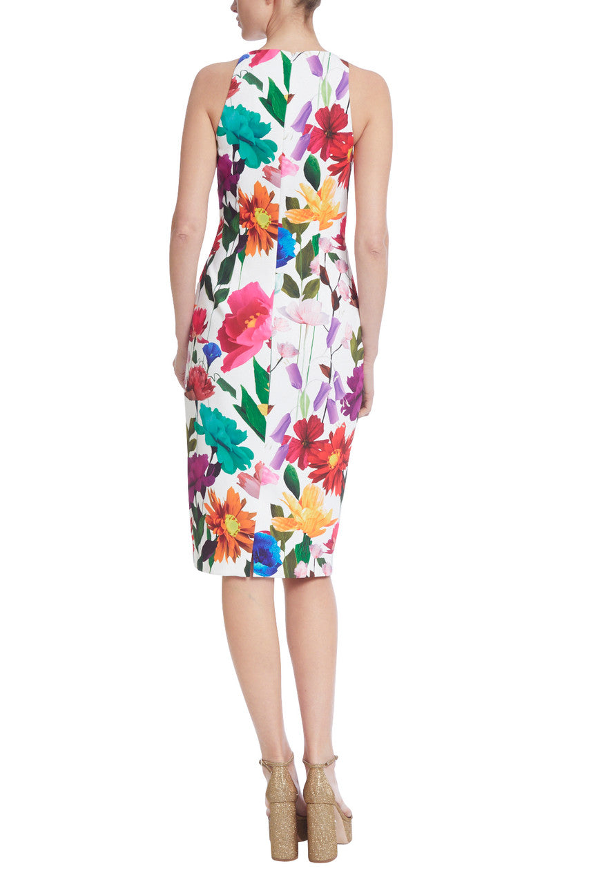 White Multi | Floral Sleeveless Sheath with Ruffled Front