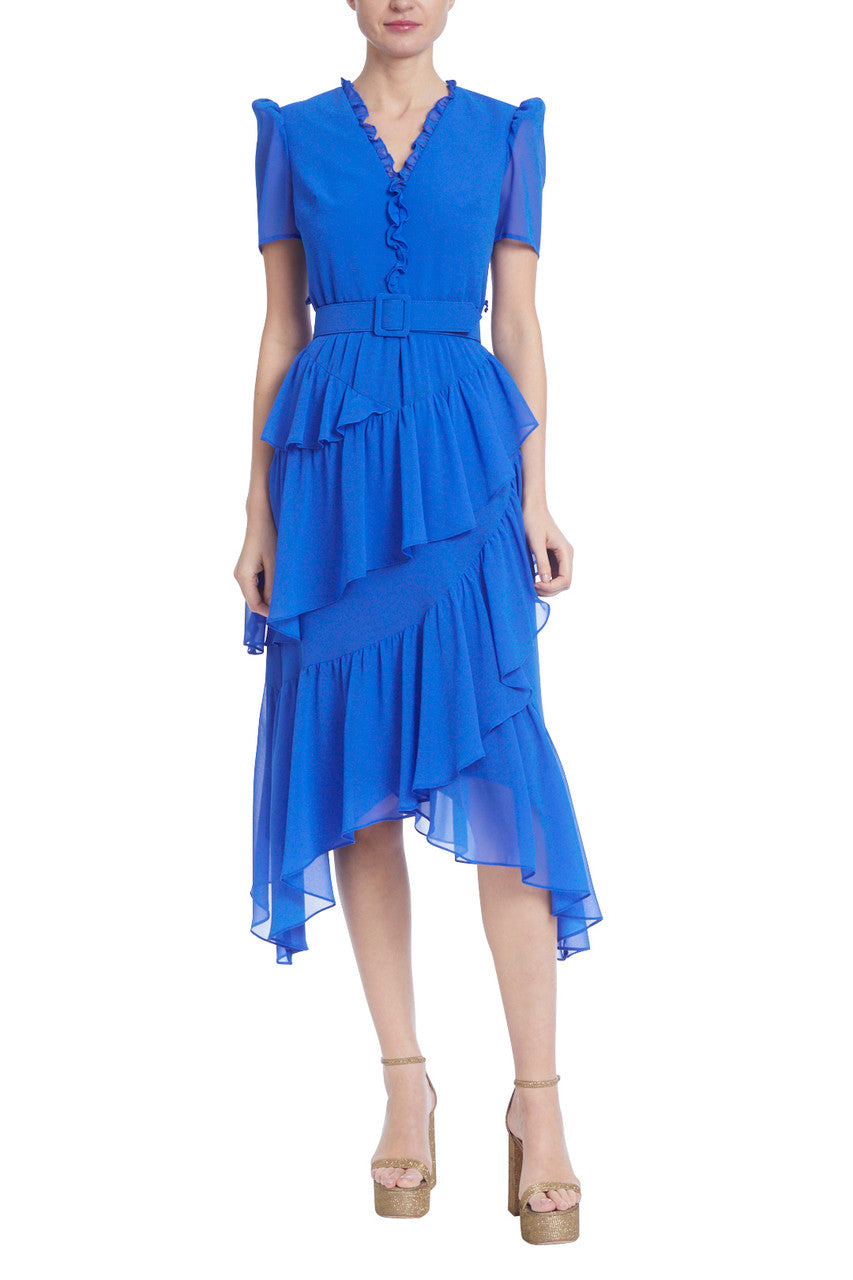 Marine | Tiered Midi Dress with Ruffled Neckline