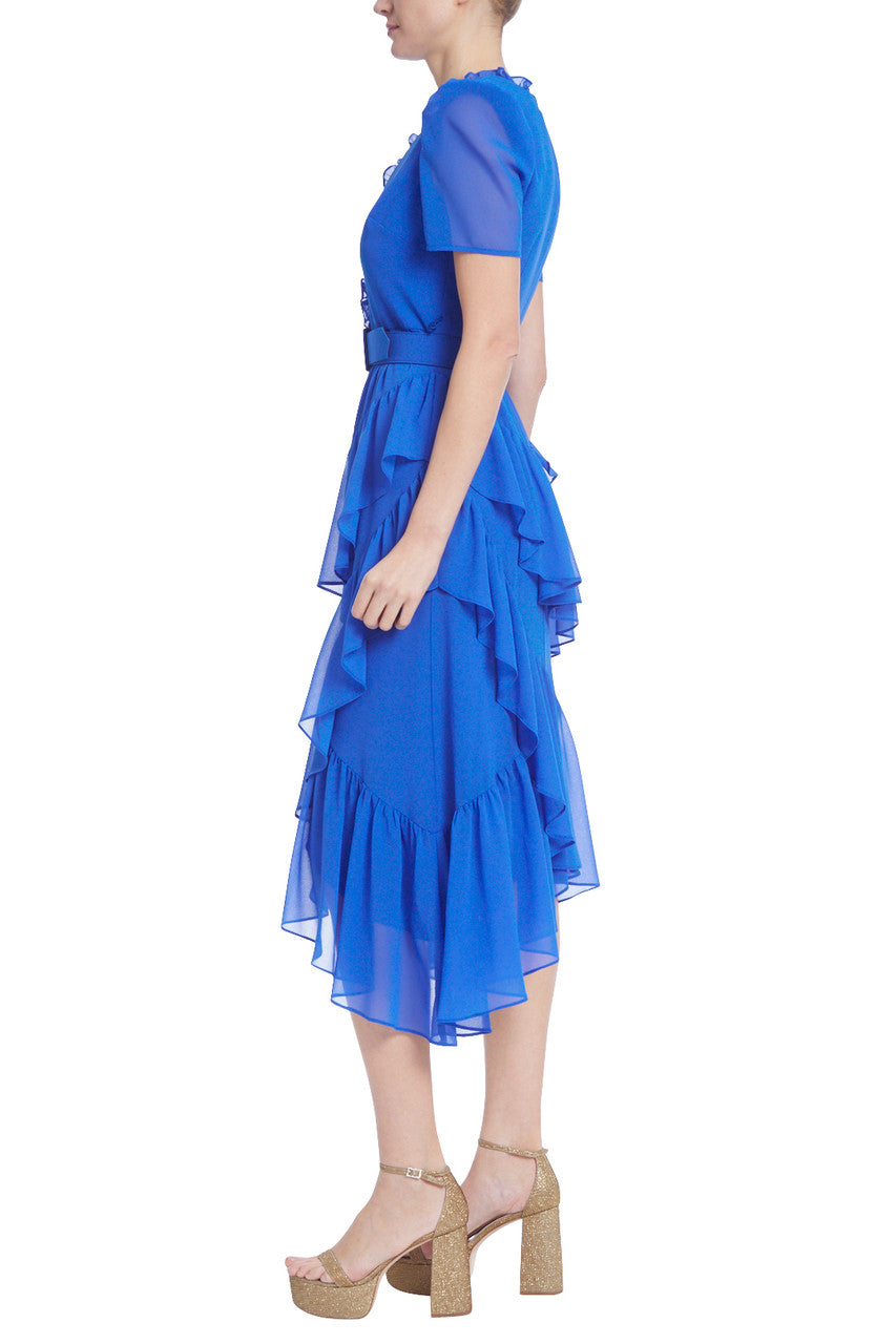 Marine | Tiered Midi Dress with Ruffled Neckline