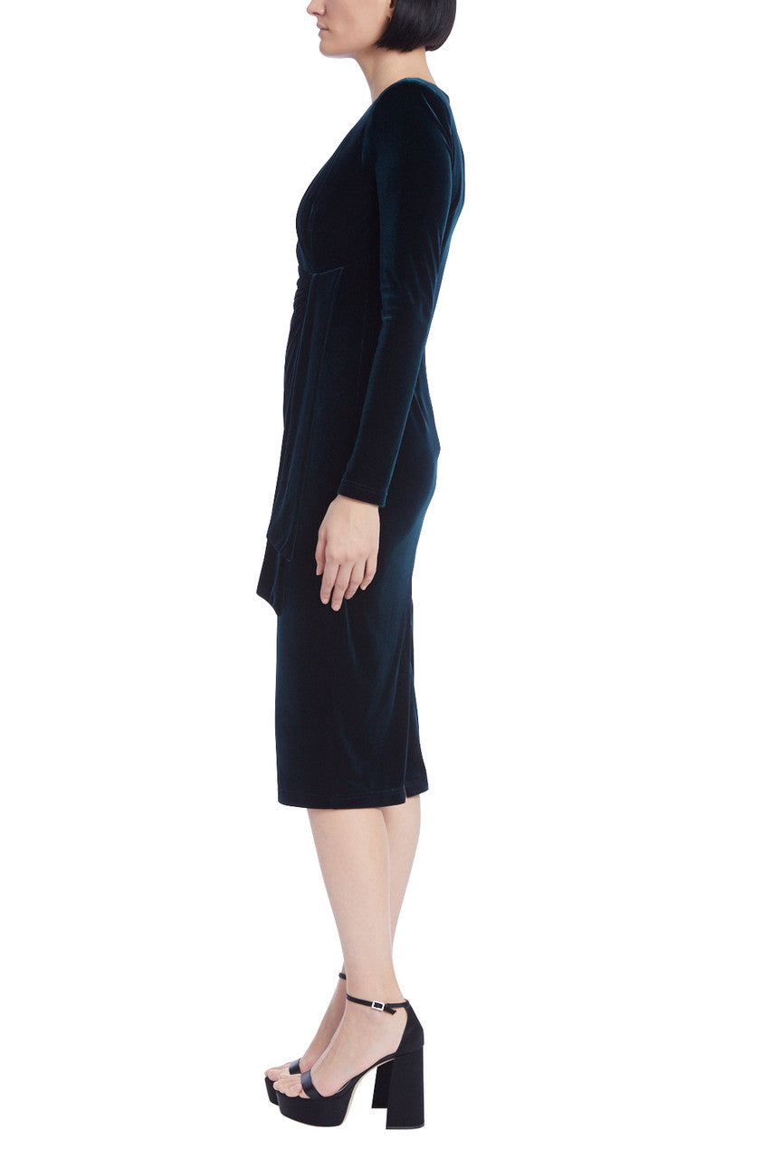 Teal | Long-Sleeved Velvet Sheath with Ruched Front