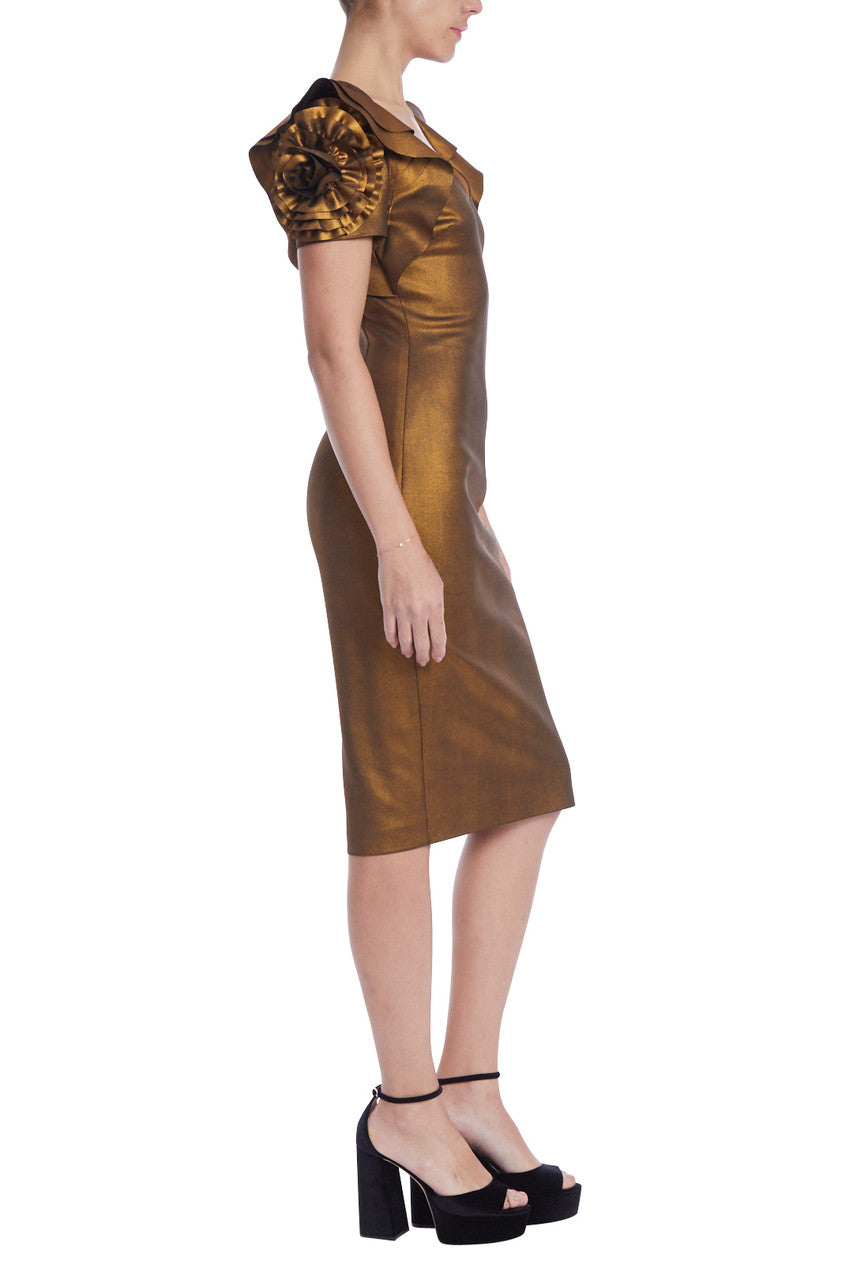 Bronze | Metallic Bronze Sheath with Rosette Sleeves