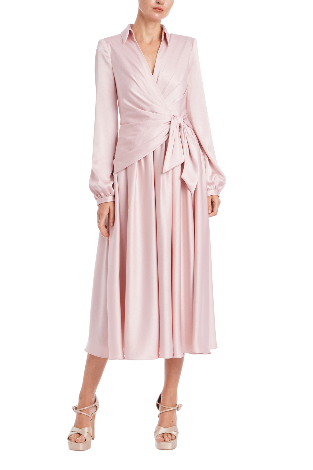 Long Sleeve Faux Wrap Midi Shirt Dress by Badgley Mischka Long Sleeve Faux Wrap Midi Shirt Dress by Badgley Mischka