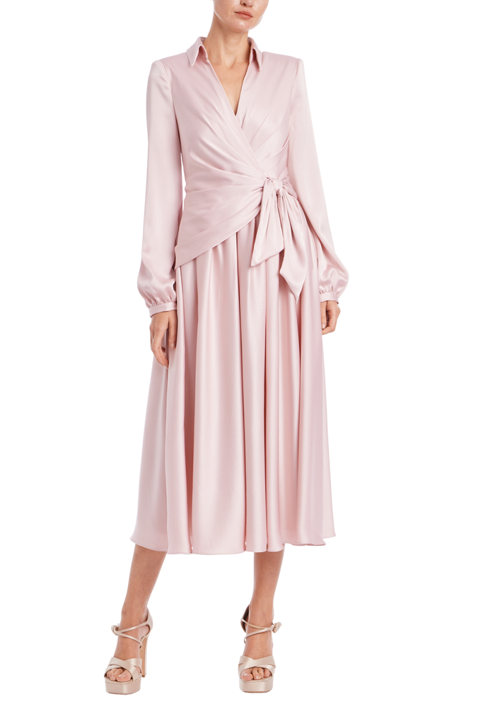 knee length dresses for ladies Long Sleeve Faux Wrap Midi Shirt Dress by Badgley Mischka