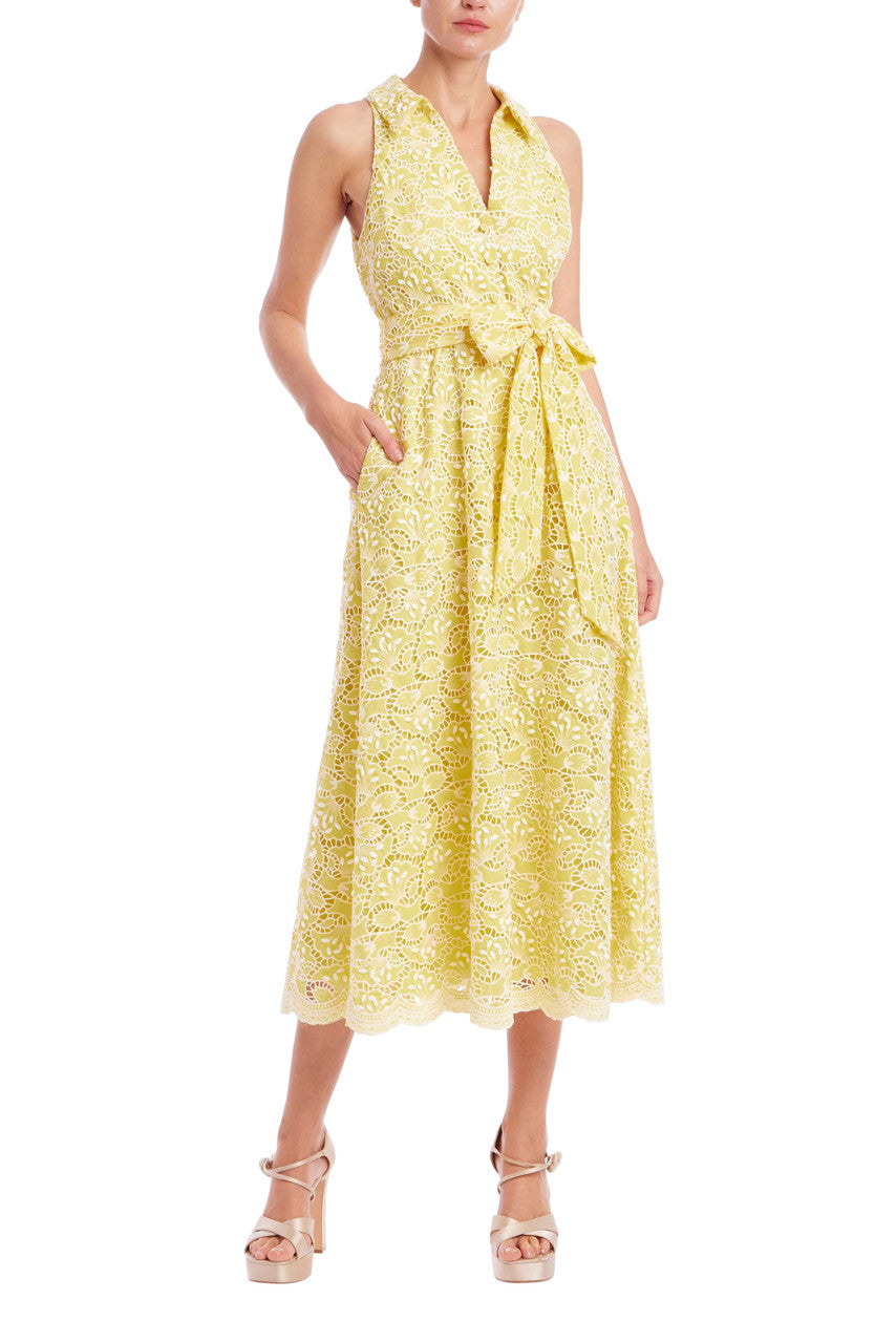 Sleeveless Eyelet Lace Belted Day Dress by Badgley Mischka
